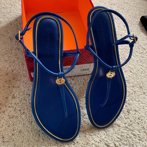 NEW Tory Burch Emmy Flat Blue Sandals - Picture 2 of 6